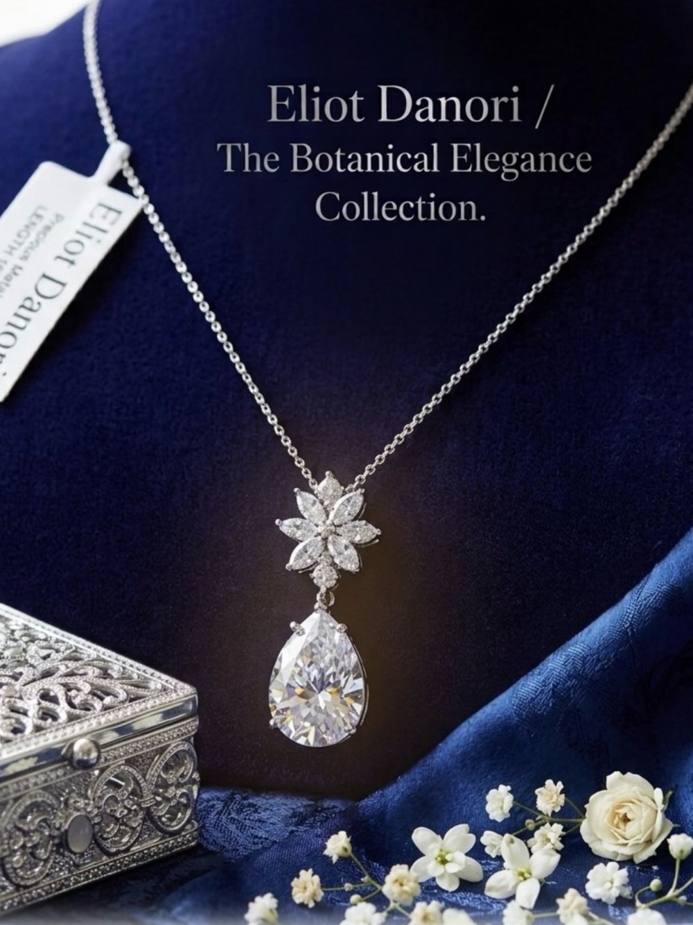 NWT Eliot Danori Silver tone Teardrop & Floral Cubic Zirconia Necklace -